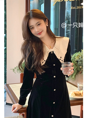 诗凡黎撞色娃娃领千金连衣裙2024秋新款丝绒中长小黑裙3EC290081