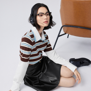 伊芙丽仿羊绒棉POLO领条纹撞色针织衫 外穿上衣 女2024秋装 新款