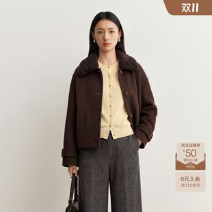 秦岚代言伊芙丽毛领拼接短款夹克式毛呢外套女士大衣2026冬季新款