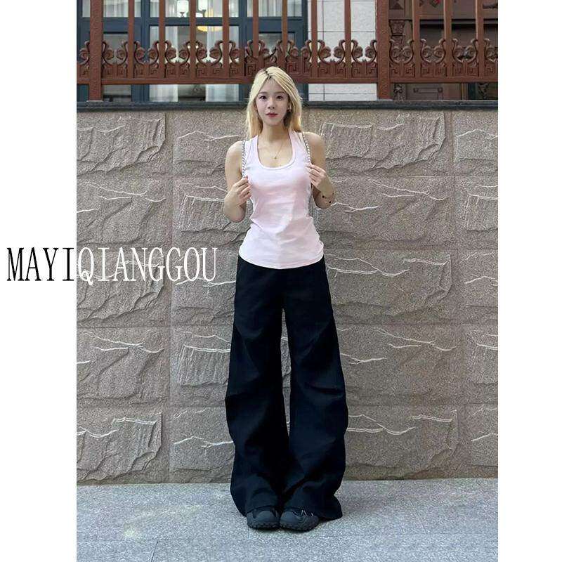 175高个子加长版美式覆古黑色阔腿西装裤女高腰直筒工装裤拖地裤