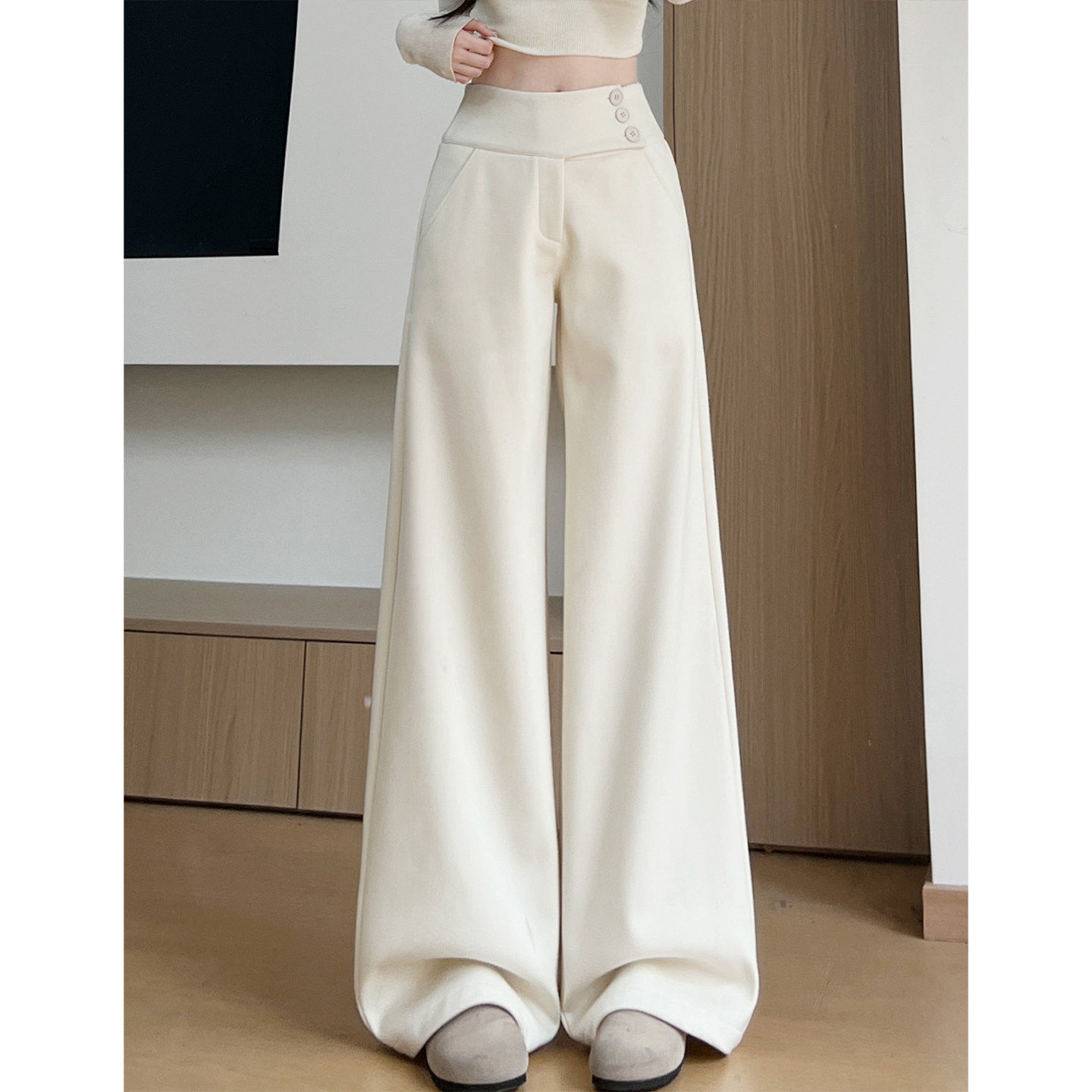 米白色毛呢阔腿裤女春季2026新款慵懒宽松直筒裤小个子加厚西装裤