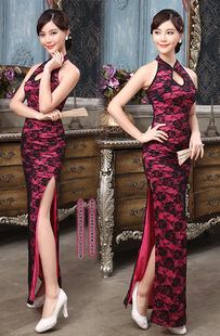 夜上海滩新款复古改良修身舞蹈旗袍蕾丝长款高开叉舞台演出服