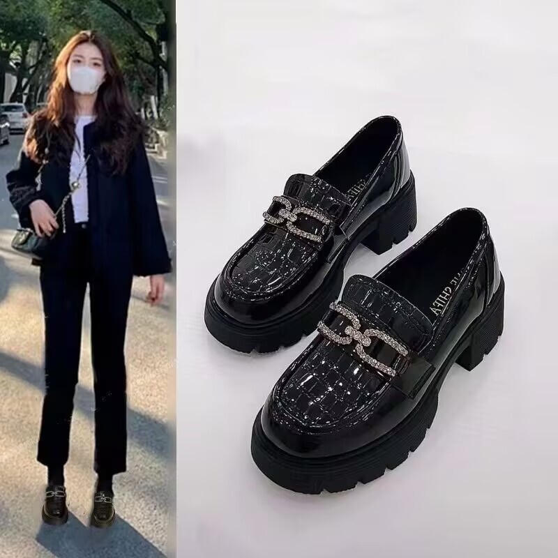 软皮软底乐福鞋女新款百搭学院风增高单鞋女士厚底镜面小皮鞋漆皮