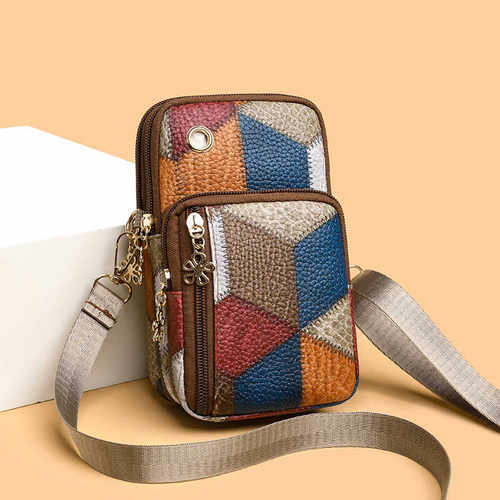 2025秋冬新款拼色潮流百搭双拉链竖款拼色手机包零钱包单肩斜挎女