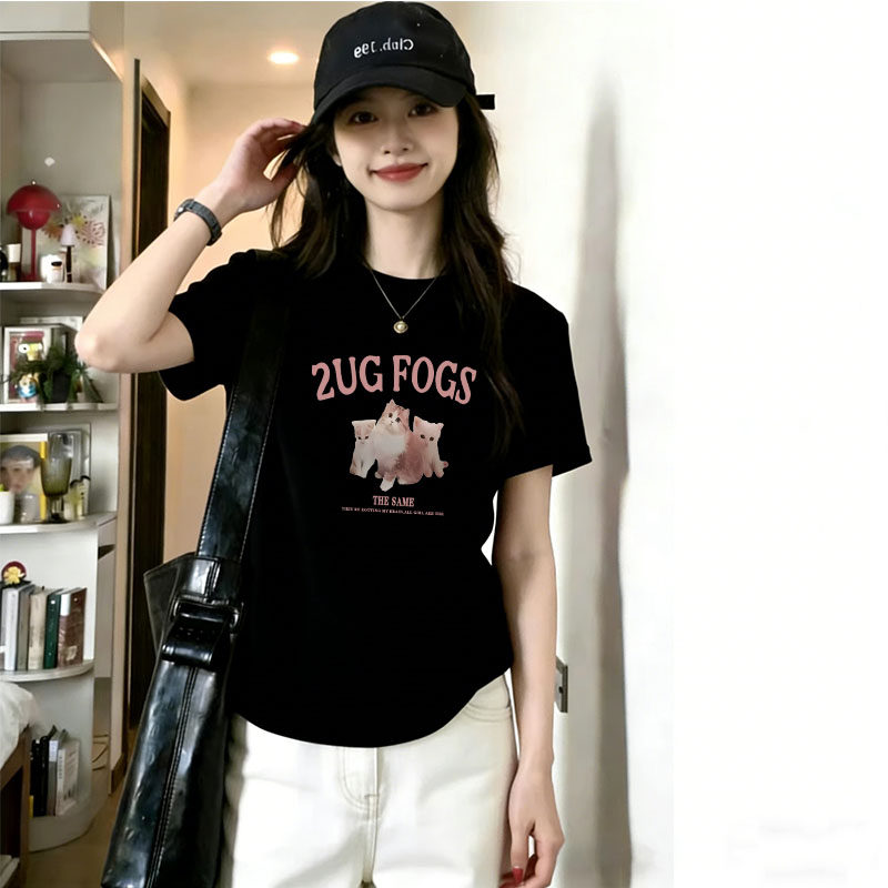 黑色正肩纯棉圆领短袖t恤女士夏季新款修身可爱猫咪印花百搭上衣