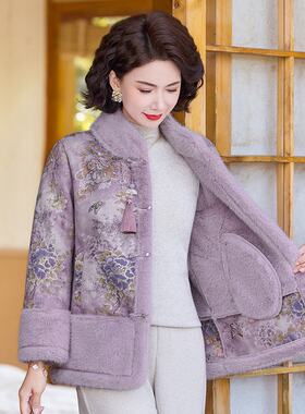 妈妈秋冬装加绒冬天棉衣洋气水貂绒外套中老年女冬装保暖毛呢上衣
