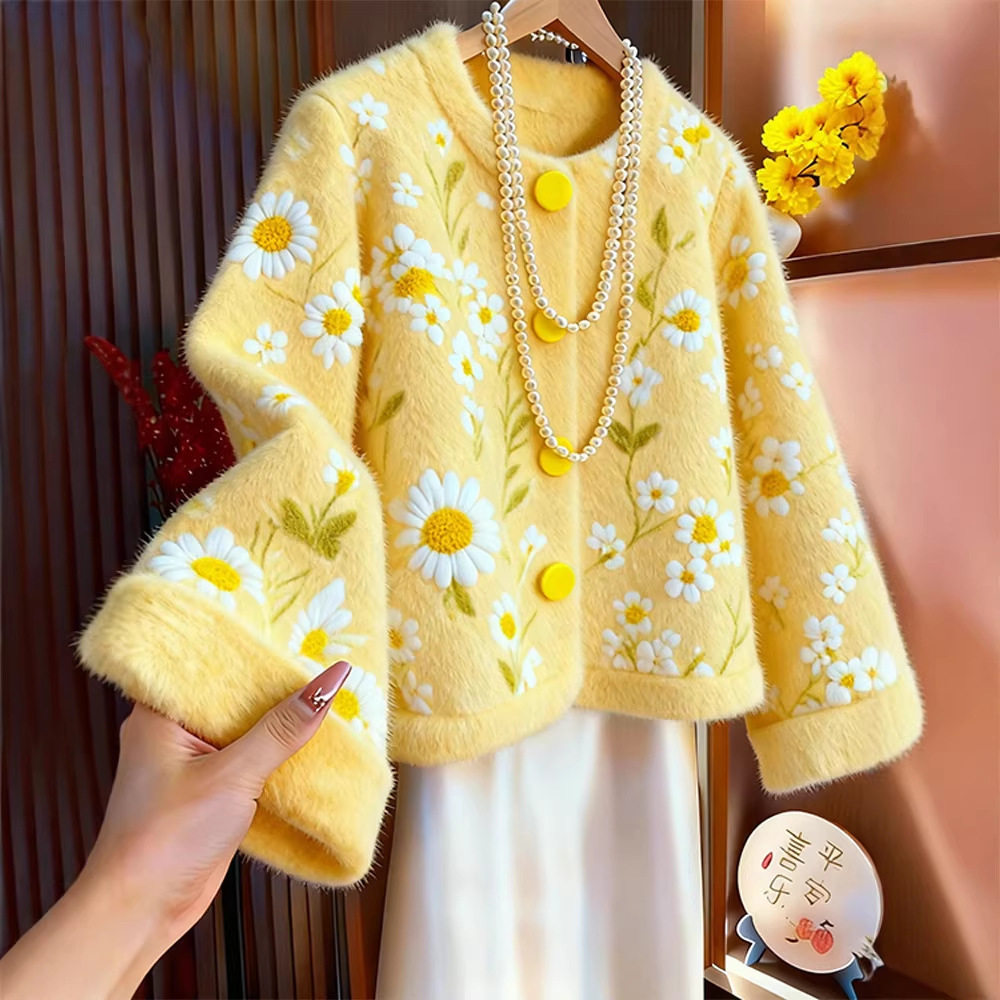 现货 独特气质感小香风毛绒提花刺绣外套女2025冬季新款毛衣,女装/女士精品,常规大码外套,淘宝优惠券,粉丝福利购,淘宝优惠卷