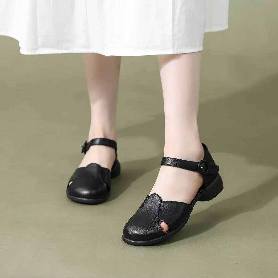 【朵苮品牌】夏季纯色女粗跟软底舒适包头时装凉鞋百搭透气3165