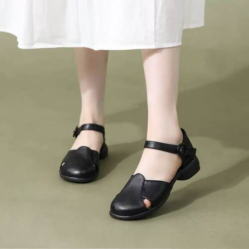 【朵苮品牌】夏季纯色女粗跟软底舒适包头时装凉鞋百搭透气3165