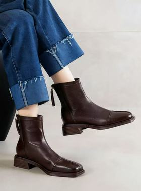 复古短靴2025新款软皮秋冬季粗跟弹力瘦瘦靴子女8927