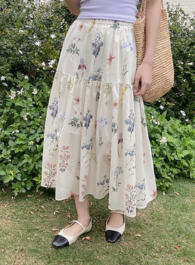 【花香奶芙】全棉复古碎花半身裙女2025春夏中长款显瘦压褶A字裙