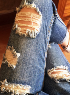 复古破洞牛仔裤女哈伦裤2025秋季高腰显瘦宽松九分小个子萝卜裤子