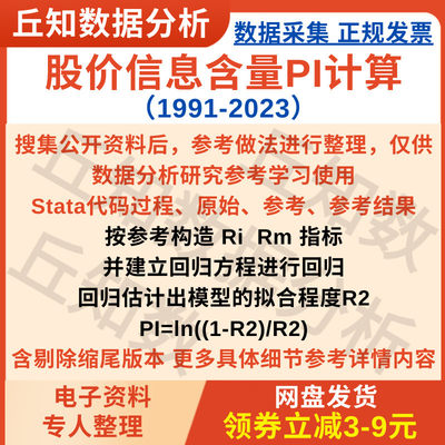 股价信息含量PI计算（1991-2023）Stata代码过程PI=ln((1-R2)/R2)