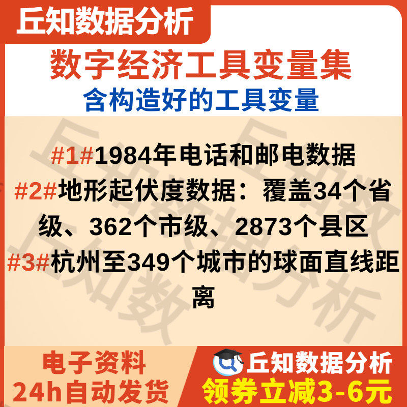 数字经济工具变量集1984电话和邮电地形起伏度杭州到城市球面距离