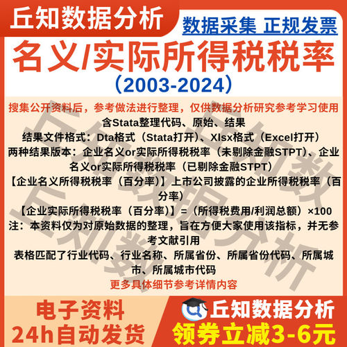企业名义/实际所得税率2024-2003上市公司数据stataExcel剔除缩尾