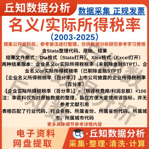 企业名义/实际所得税率2025-2003上市公司数据stataExcel剔除缩尾