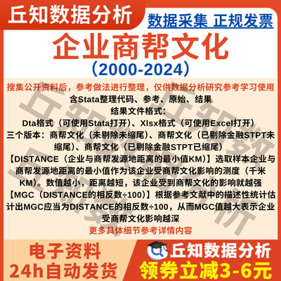 企业商帮文化2024-2000年上市公司数据Stata代码剔除金融STPT缩尾