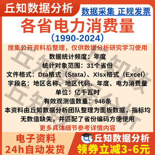 各省电力消费量数据2024-1990年含Stata与Excel汇总统计表无缺失