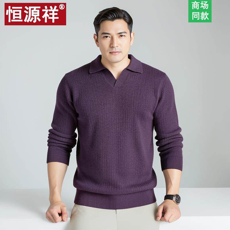 恒源祥男士2026新款薄款海鸥领针织爸爸羊毛衫春秋含羊绒紫色毛衣