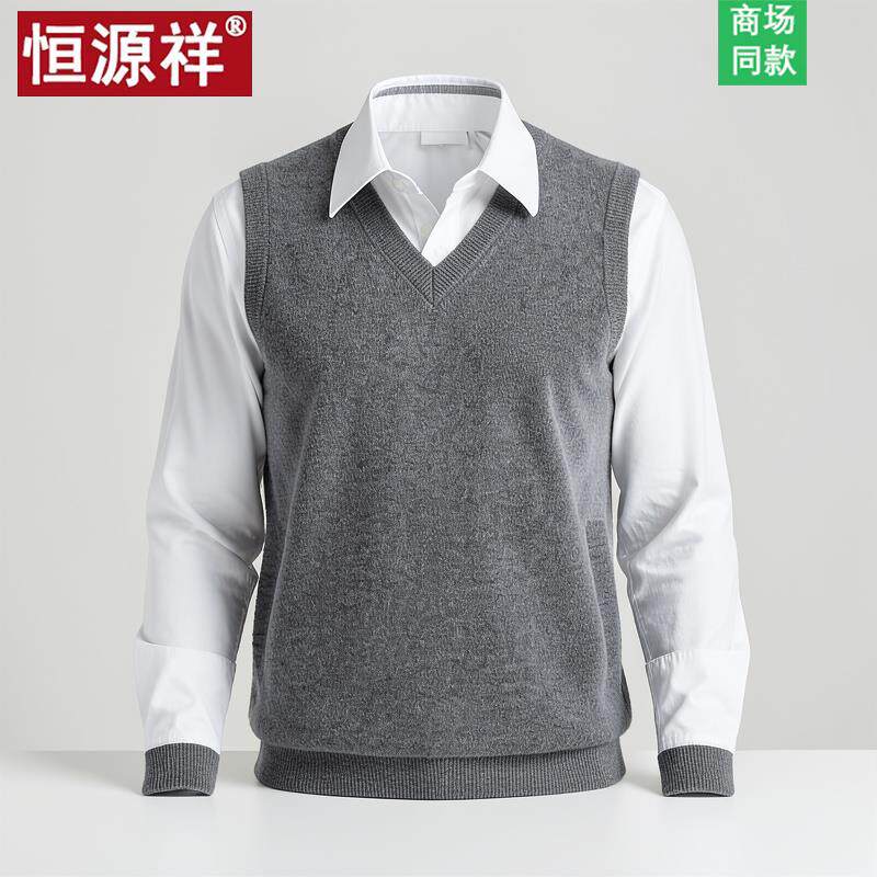 恒源祥V领毛衣100纯羊绒2026新款爸爸马甲加厚背心羊绒衫男士冬季