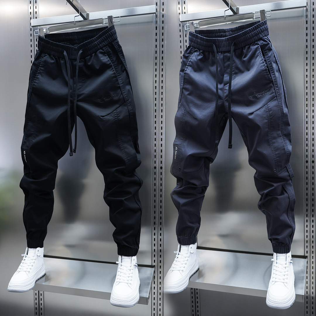 潮流男士纯色棉布休闲裤弹力松紧腰刺绣拼接小脚裤加绒厚款长裤