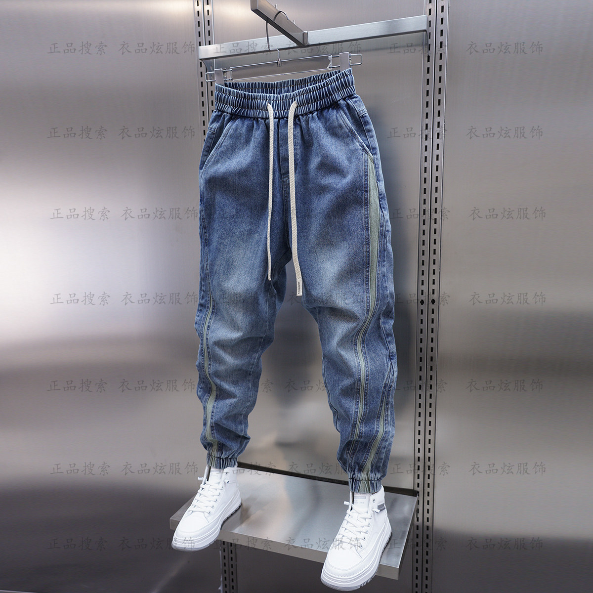 2025男士拼接束脚牛仔裤潮流新款蓝色小脚哈伦裤松紧腰宽松老爹裤,男装,牛仔裤,淘宝优惠券,粉丝福利购,淘宝优惠卷