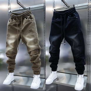 刺绣加绒拼接休闲裤 潮流小脚裤 秋冬季 松紧腰束脚裤 新款 2025男士