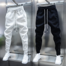 潮男士秋冬加绒运动卫裤弹力百搭松紧腰束脚裤纯色贴布小脚休闲裤