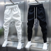 潮男士 纯色贴布小脚休闲裤 秋冬加绒运动卫裤 弹力百搭松紧腰束脚裤