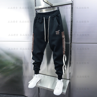 宽松小脚裤 秋冬新款 加绒弹力束脚哈伦裤 侧条拼接大刺绣休闲裤 男士