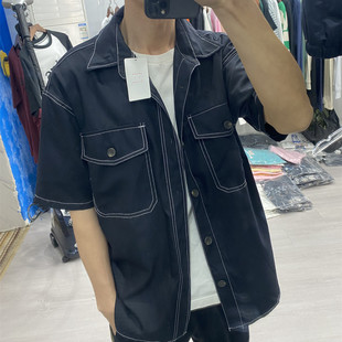 日单外贸夏季宽松阔版翻领衬衫外套短袖男女同款黑色日系工装短衬