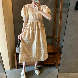 新款 张静芝韩国 奶茶蕾丝刺绣高腰宫廷花苞连衣裙女 夏季