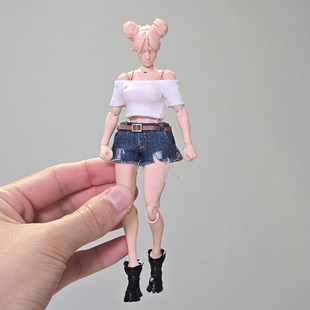 1/12兵人衣服配件romankey素体露肩一字肩T恤6寸机娘牛仔短裤热裤