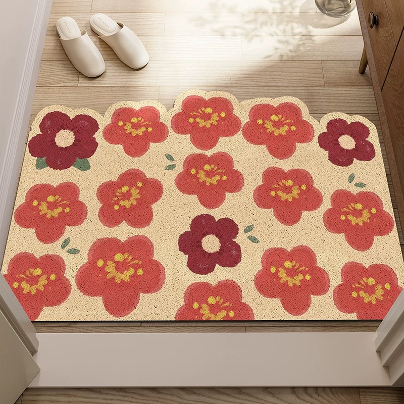 红色小花丝圈入户门垫玄关脚垫刮泥蹭土进门地垫加厚耐脏任意裁剪