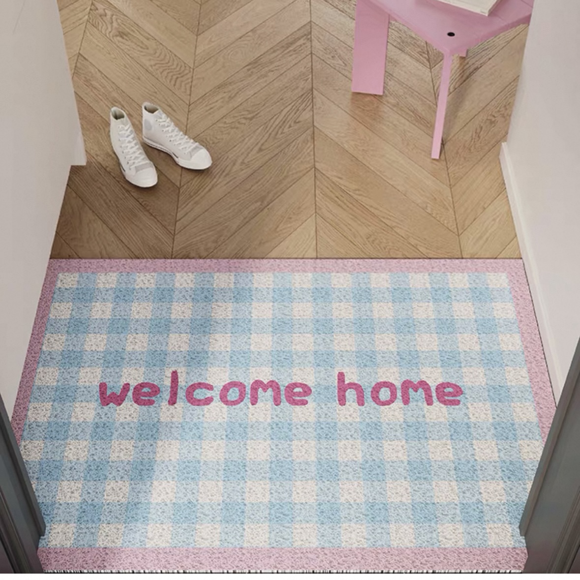 INS韩系格子入户门丝圈地垫简约玄关除尘家用可裁剪防滑门垫 加厚