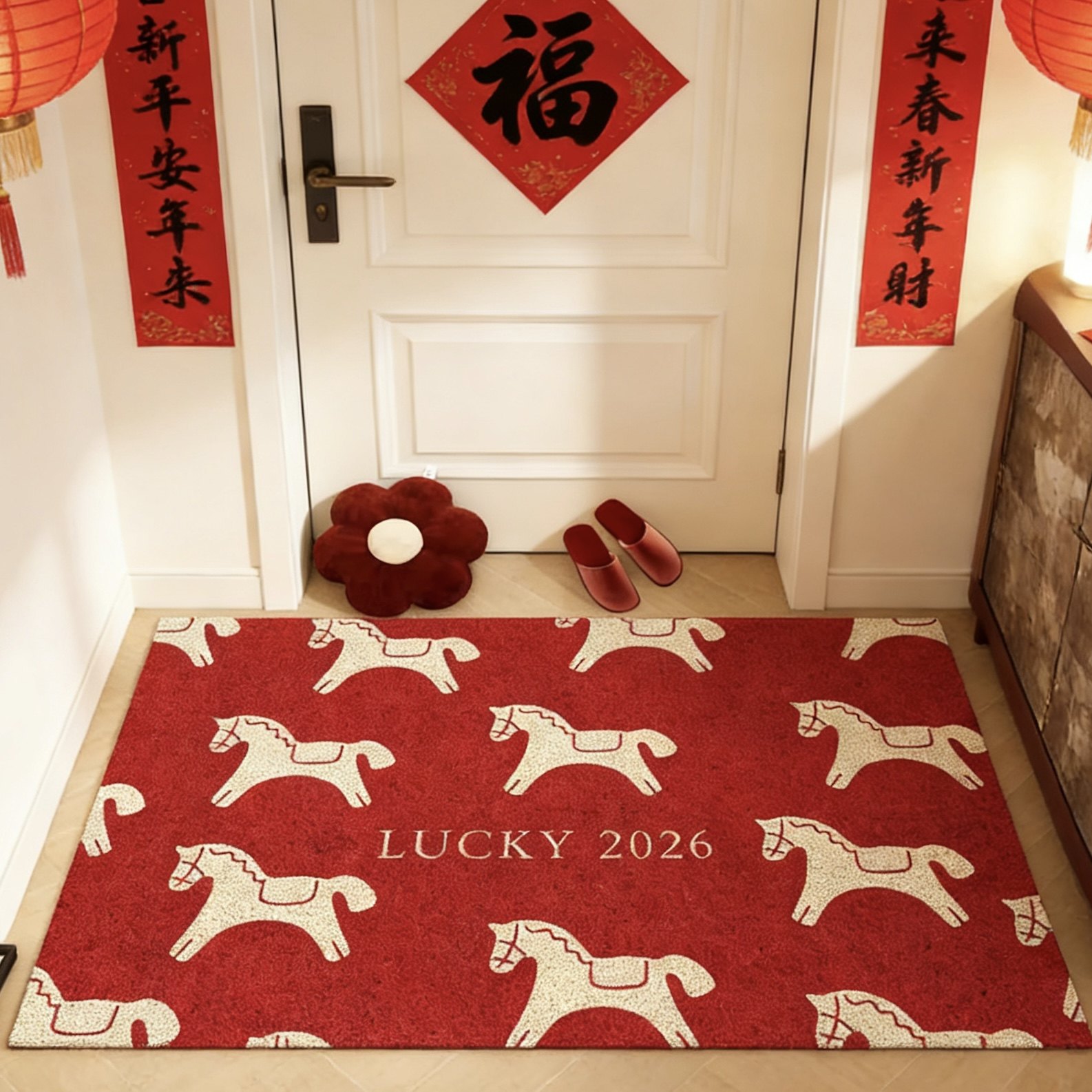 新款小马红色丝圈入户门垫新年喜庆玄关脚垫刮泥蹭土地垫耐脏加厚,居家布艺,入户地垫,淘宝优惠券,粉丝福利购,淘宝优惠卷