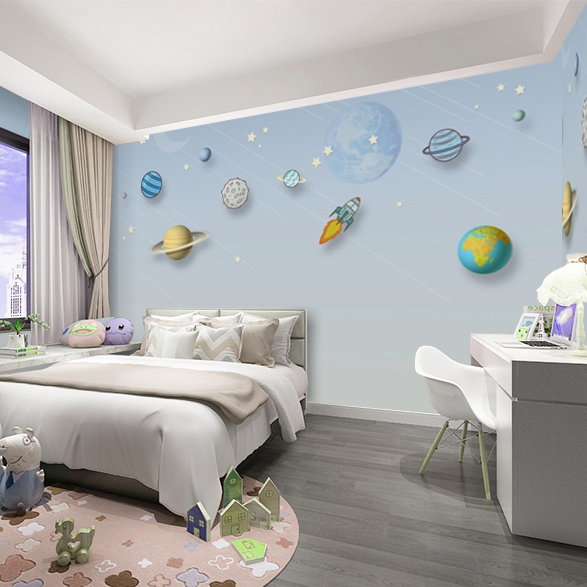 欧式卡通立体宇宙飞船星空星球儿童房壁纸壁画男女孩卧室背景墙纸