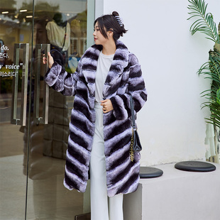 20224獭兔毛青紫兰龙猫色皮草外套休闲女装 保暖西服领连帽大衣