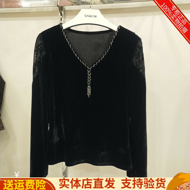 洋气丝绒V领蕾丝衬衣打底衫