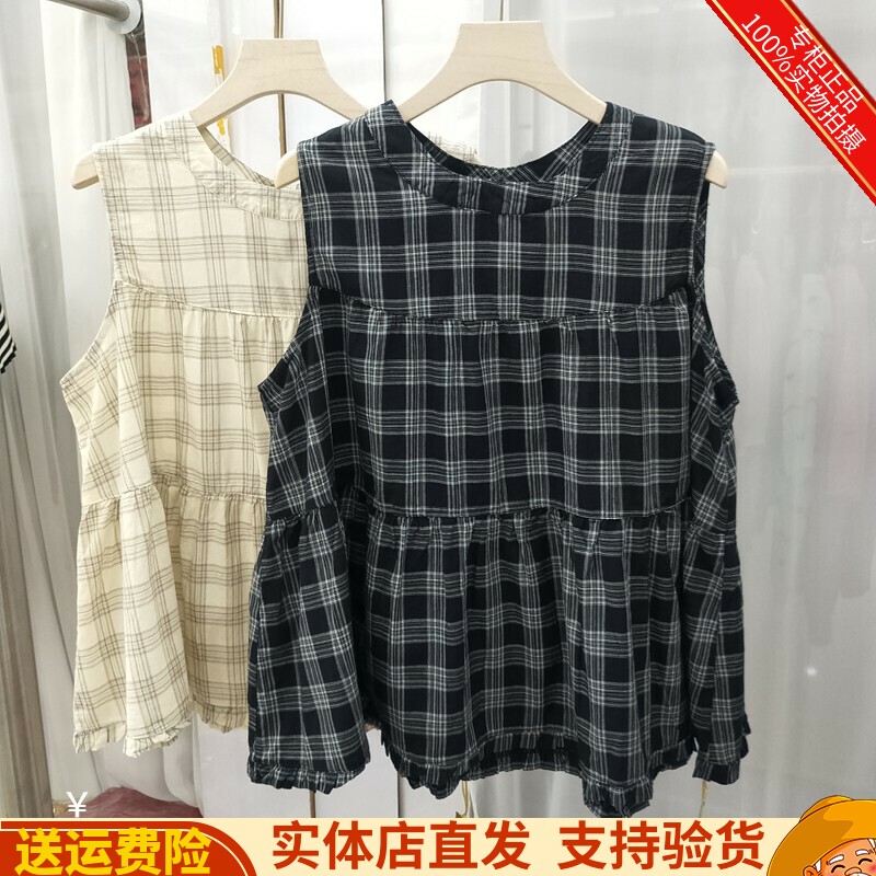 无袖格子棉质学院风气质棉衬衣