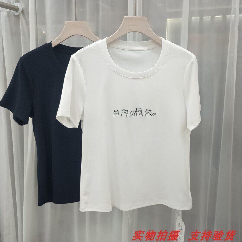 茜9532夏季新款全棉白色短袖t恤女宽松百搭时尚洋气减龄打底衫女