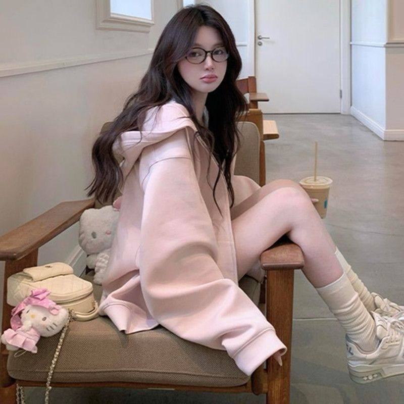 韩系粉色连帽卫衣女春秋宽松慵懒风高级小众小个子开衫薄外套