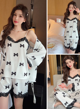 女丝绸花边蕾丝凉爽家居服三件套