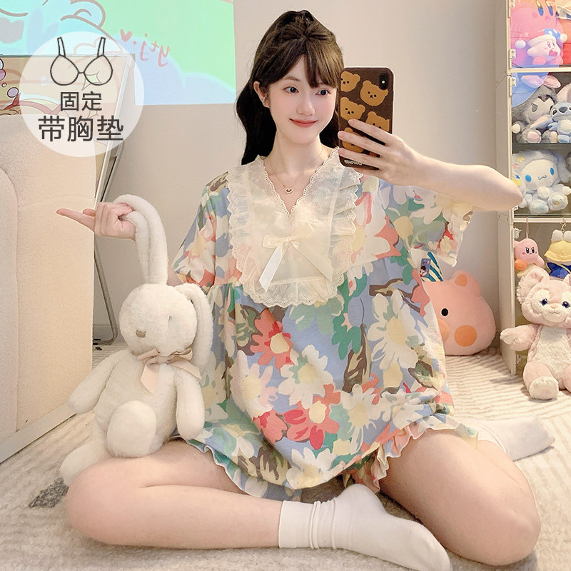 云朵棉睡衣女夏季甜美公主风带胸垫短袖短裤加肥大码220斤家居服