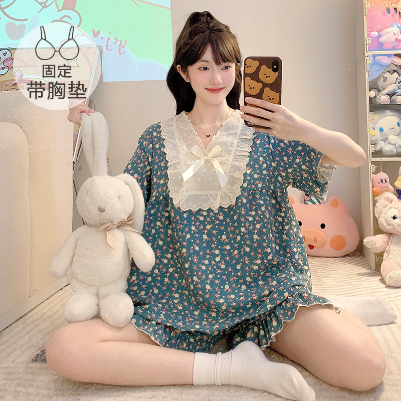 云朵棉睡衣女夏季甜美公主风带胸垫短袖短裤加肥大码220斤家居服