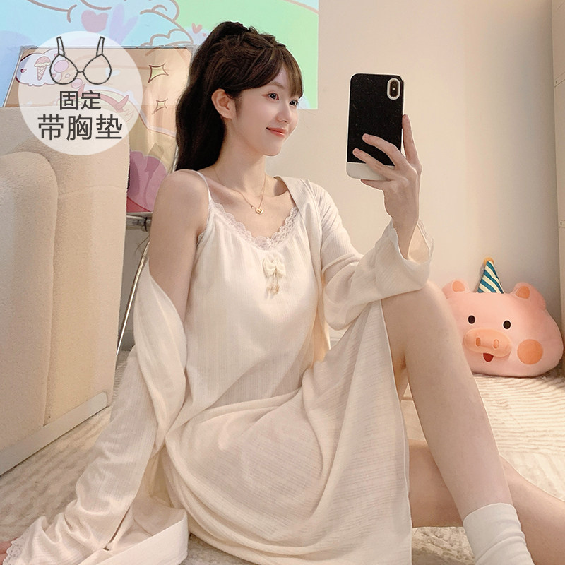 春夏睡衣女舒适带胸垫吊带开衫长袖睡袍大码220斤两件家居服套装