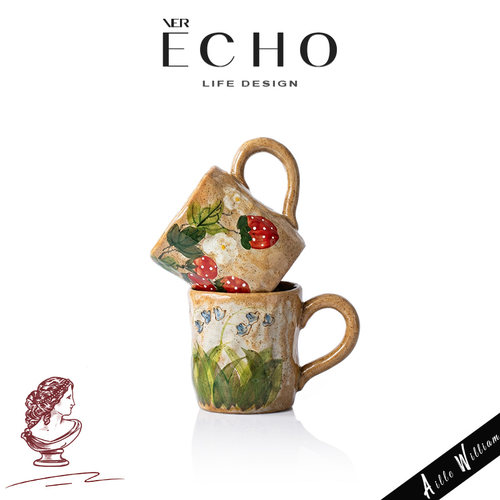 ECHO中古手绘草莓玫瑰陶瓷马克杯