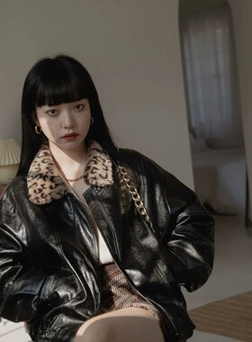 加棉加厚秋冬装豹纹毛领机车服