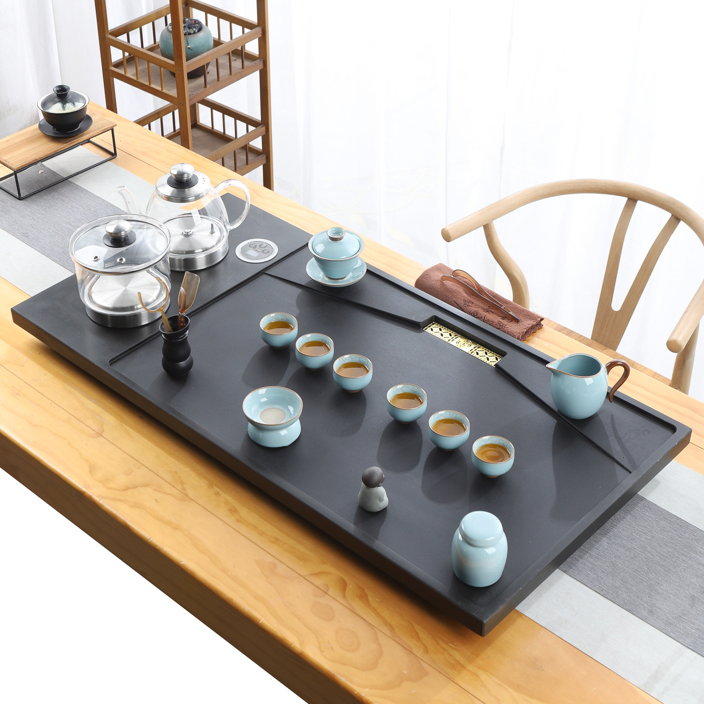 天然乌金石茶盘茶具套装全自动上水烧水壶一体带电磁炉高档石茶台