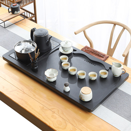 天然整块乌金石茶盘套装